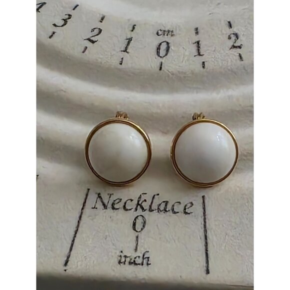 Vintage Monet Gold-Tone Clip-On Earrings With White Enamel Dome Design - Picture 3 of 4